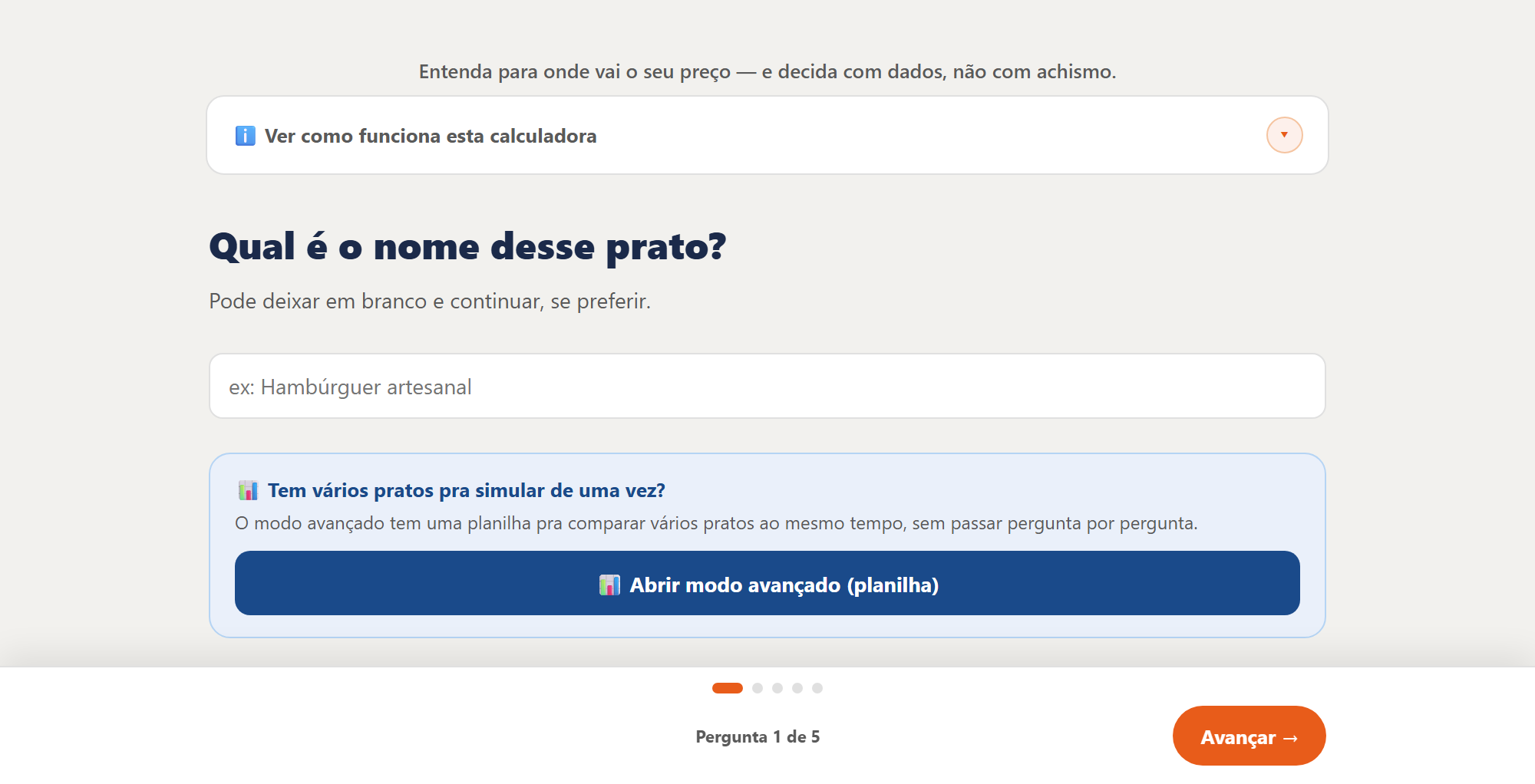 Primeira pergunta da calculadora: nome do prato